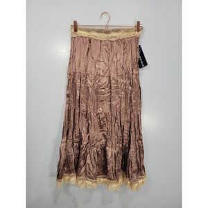 Real Clothing Co Mauve Brown Tiered Lace Trim Crinkle Satin Midi Skirt Small